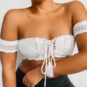 White Crochet Front Tie Crop Top Small